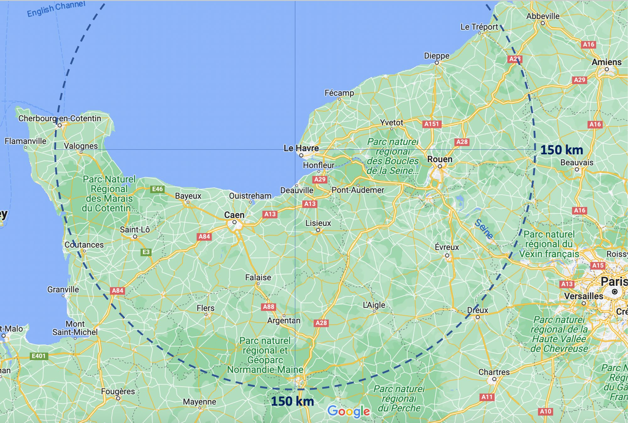 Rayon d'action autour du port du Havre